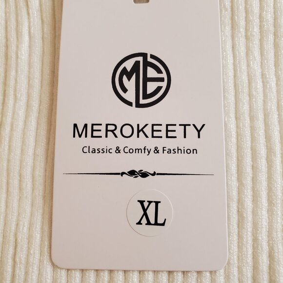 NWT MEROKEETY SZ XL Women's Ribbed Stretch Knit Scoop Neck Sweater White & Black - Picture 9 of 12